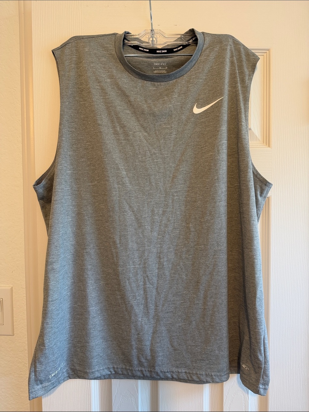 Nike Men’s Gray Sleeveless Dri-Fit Swim Tee with White Swoosh